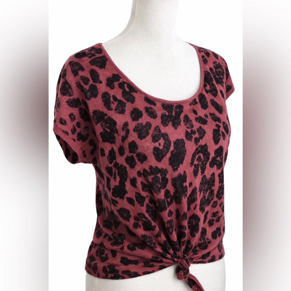 John + Jenn Leopard Print Linen Blend Tie Front Tee Y2K Top Small
